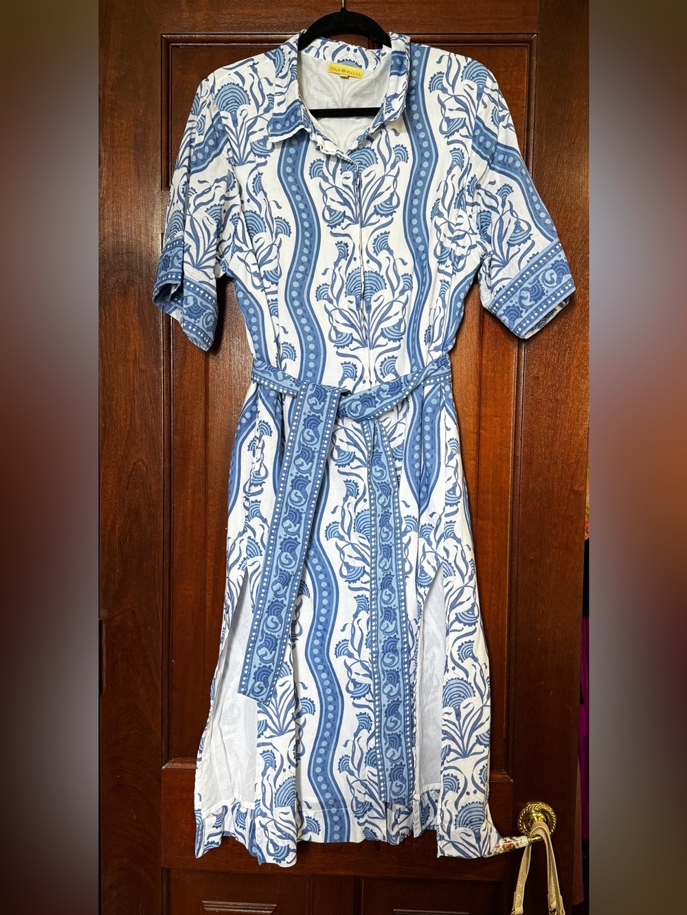 Blue and White Printed Shirt Dress with Tie Waist